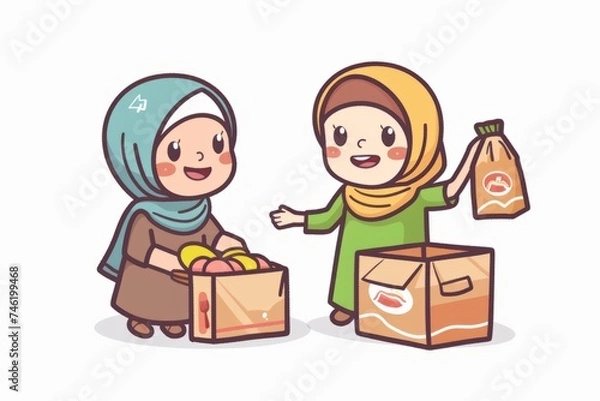 Fototapeta Cartoon cute doodles of characters preparing and distributing food packages to the less fortunate and homeless individuals during Ramadan, Generative AI