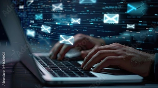 Fototapeta Buisness man working on laptop and sending electronic mail with email icon on virtual screen. Man's hand typing an electronic mail and sending to clients concept.