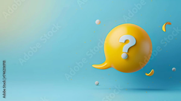 Fototapeta Yellow Question Mark Icon on Blue Background with Floating Spheres