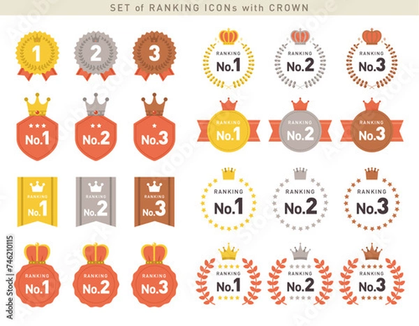 Fototapeta シンプルでかわいいランキングアイコンセット／ベクター素材／王冠・クラウン	