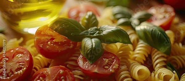 Fototapeta A detailed view of a plate filled with pasta, fresh tomatoes, and basil leaves, drizzled with oil. The vibrant colors of the tomatoes and basil contrast beautifully against the pasta.