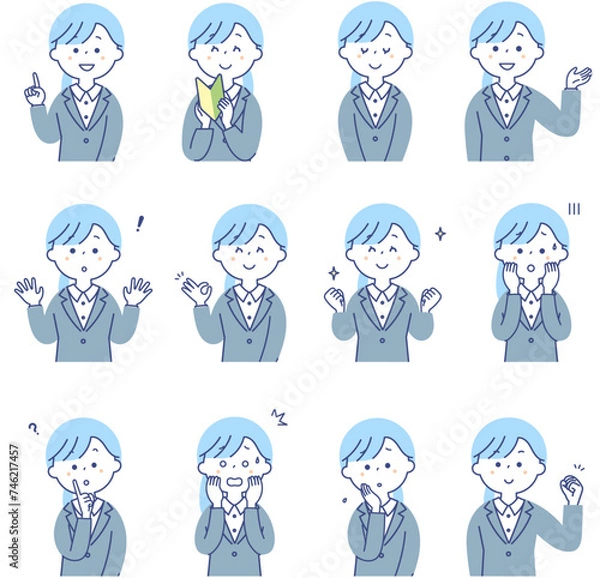 Obraz スーツを着た若い女性の表情セット