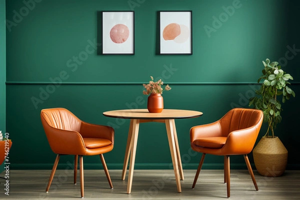 Fototapeta orange leather chairs at round dining table against green wall, interior design, modern living room, scandinavian home, orange sofa, orange chairs