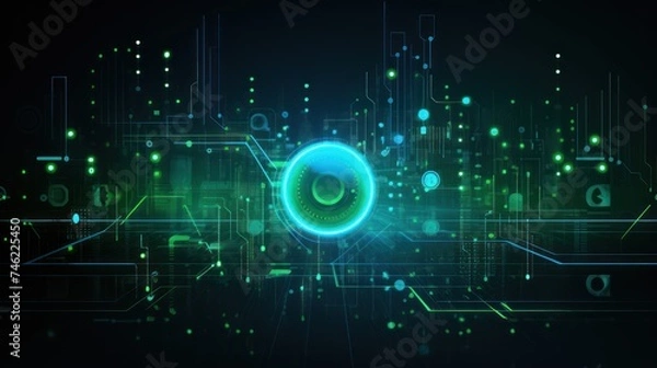 Fototapeta Abstract digital artwork featuring green circles and lines against a black background