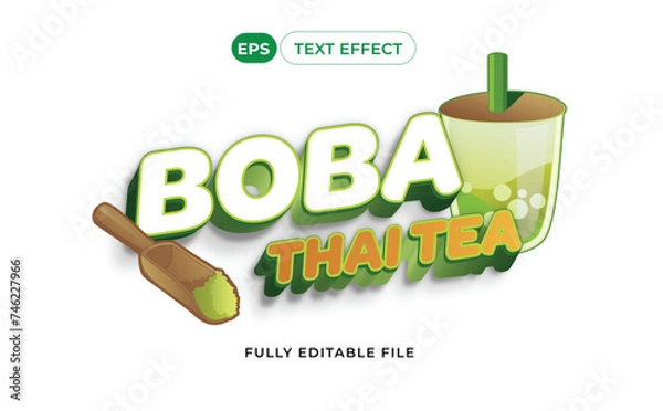 Fototapeta 3d text Boba Thai Tea Editable text effect with asset
