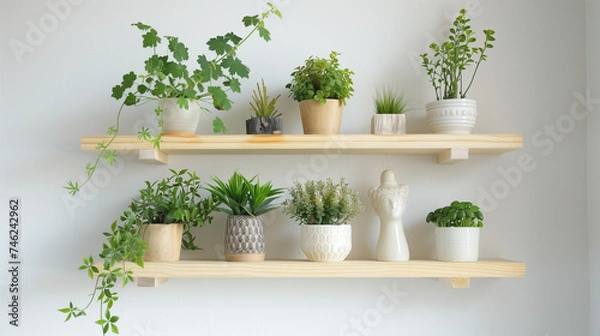 Fototapeta 光が入る明るい窓際の白い壁にある木の棚の上に、いろんな観葉植物が並べてかざってある