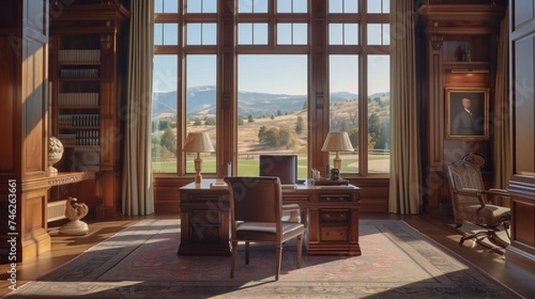 Fototapeta A serene study with rich wood paneling, a stately desk, and floor-to-ceiling windows offering views of rolling hills and distant mountains.