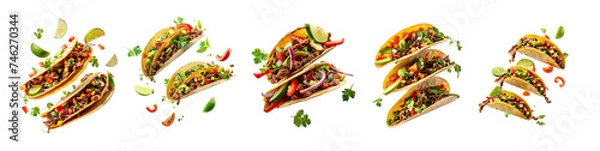 Obraz A set of Levitating tacos in air with meat lime vegetables isolated on transparent png background. Mexican food generated by ai
