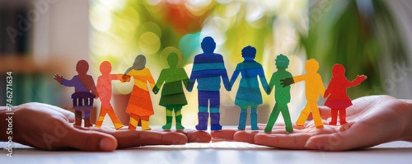 Fototapeta Inclusive Rainbow Paper Family Concept.
Multicoloured paper cutout figures on bright background, symbolising diversity and inclusion.