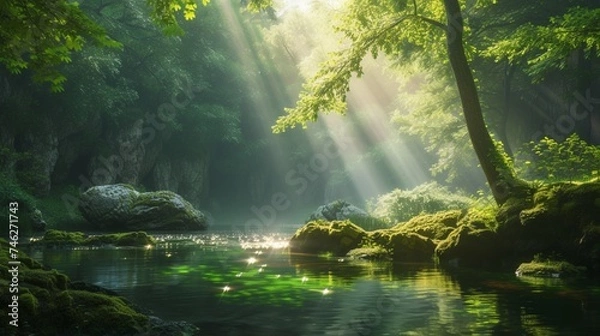Fototapeta A dense forest surrounding a hidden lake, with rays of sunlight piercing through the foliage to illuminate the emerald waters and moss-covered rocks.