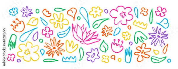Fototapeta Set hand drawn in bright color brush linear flowers. Abstract modern background with plants