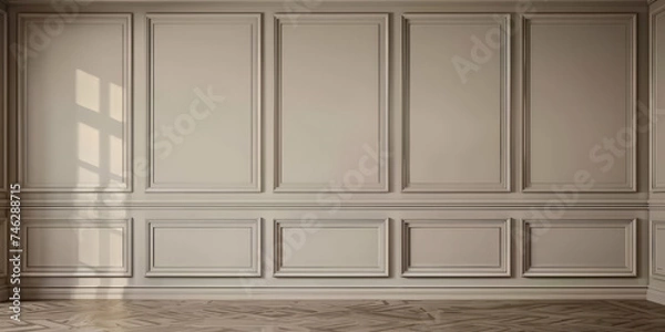 Fototapeta empty room with white wood wall panels background with wooden floor,Luxury wood paneling background or texture. highly crafted classic or traditional wood paneling, with a frame pattern, 