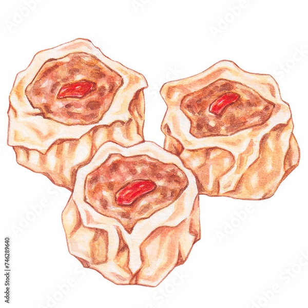 Obraz mushroom pork and shrimp dumplings watercolor style, traditional asian food design
