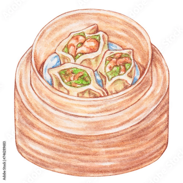 Obraz shrimps and snow pea leaf dumplings watercolor style, traditional asian food design