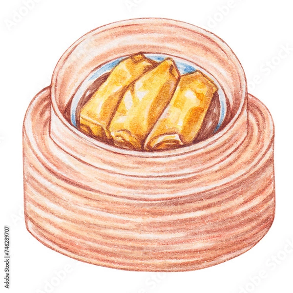 Obraz pork and shrimp bean curd skin roll watercolor style, traditional asian food design