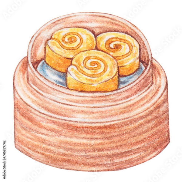 Obraz custard roll sponge cake watercolor style, traditional asian food design