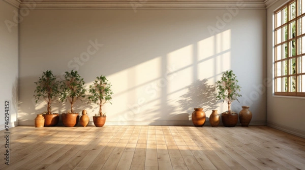 Fototapeta Stylish Living Room Interior Design with Luxury Furniture and Contemporary Architecture in an Empty House - Elegant Wood Floor and Table Decor, generative AI