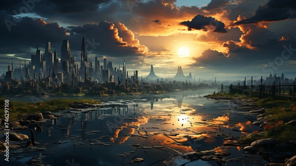 Fototapeta Vibrant Cityscape: Sunset Skyline and Urban Dusk Views over Water Spectacular Morning Sunrise and Red Clouds in Urban Landscape, generative AI