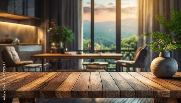 Obraz table and chairs in a restaurant, Wood table with blurred modern apartment interior background, Empty wooden tabletop with blurred living room background, wood, wooden,residential, Ai Generate