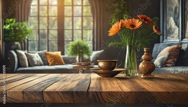 Obraz Wood table with blurred modern apartment interior background, Empty wooden tabletop with blurred living room background, wood, wooden,residential, Ai Generate	