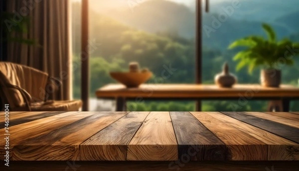 Obraz Wood table with blurred modern apartment interior background, Empty wooden tabletop with blurred living room background, wood, wooden,residential, Ai Generate	