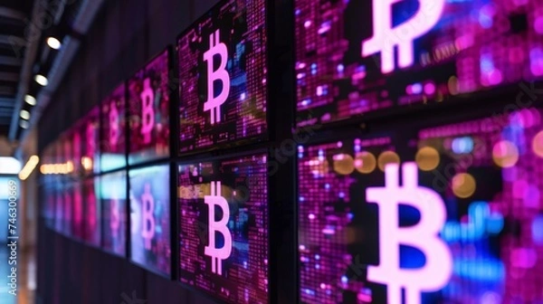 Fototapeta Art installation with screens cycling through Bitcoins fluctuating values a comment on digital wealth