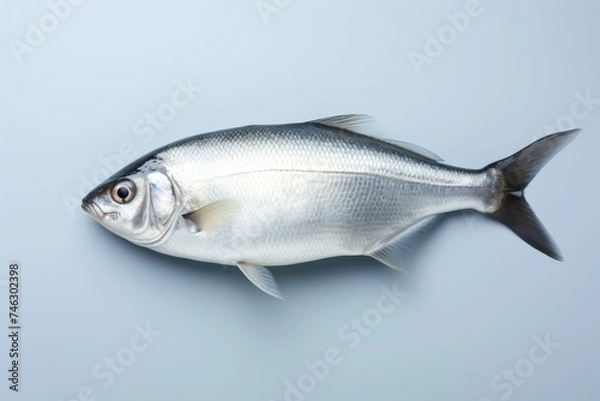 Fototapeta An arctic fish, a half fish on a grey background on a blue surface.