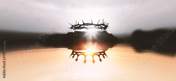 Obraz The crown of thorns symbolizing the suffering and trials of Jesus Christ and the crown of heaven reflected in the water, Passion Week and Easter background
