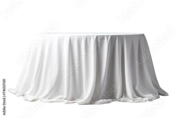 Obraz Round Table Covered With White Tablecloth. A round table covered with a pristine white tablecloth. The tablecloth drapes smoothly over the table,. On PNG Transparent Clear Background.