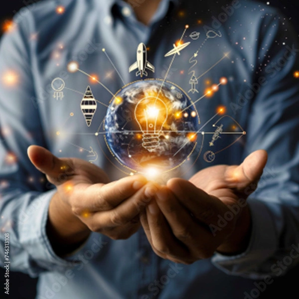 Obraz Businessman holding creative light bulb with growth graph and aerospace icons. Leveraging aerospace innovation technology  pioneer new solutions and advancements that elevate successful  ai technology