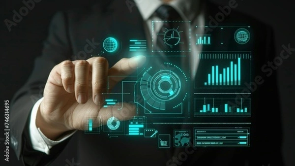 Fototapeta Businessman's hands touch with virtual finger pads with futuristic infographics.