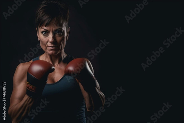 Fototapeta Middle age mature lady looking bad in boxe defence posture pose. Concept of woman athlete training hard. Empowerment and sport activity for female people in dark black background copy space