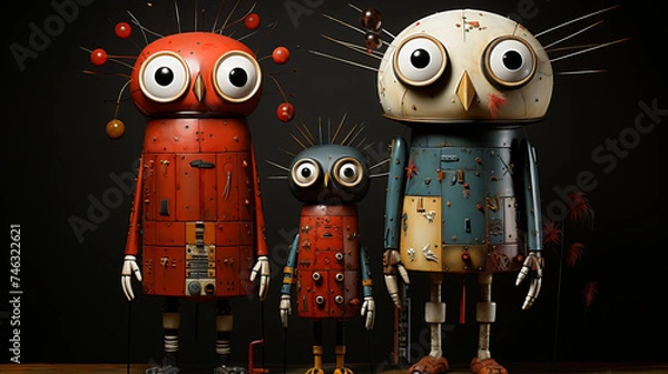 Fototapeta Colorful Cartoon Characters: Cute, Funny Faces of Monsters, Aliens, Owls and Animals, Happy and Smiley Illustrations for Fun Vector Design!, generative AI