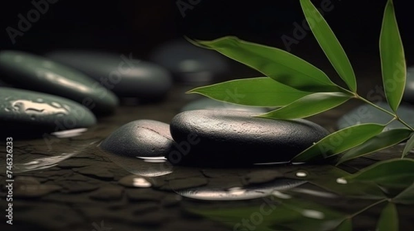 Obraz spa stones and green leaf