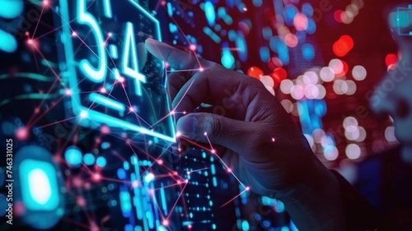 Fototapeta Hand touching Telecommunication network and wireless