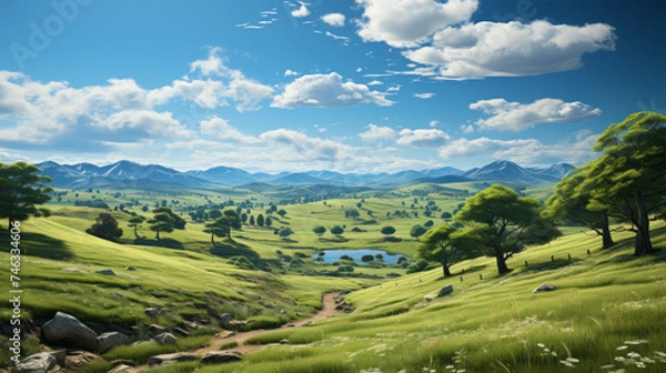 Fototapeta Immersive Rural Landscape: Stunning Views of Mountains, Valleys, Forests, and Sun-kissed Meadows Under a Clear Sky in the Heart of Nature, generative AI