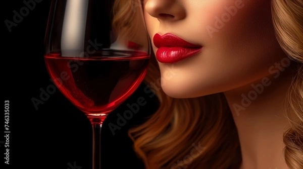 Obraz Sensual depiction of a woman's profile and a glass of red wine on a black background.