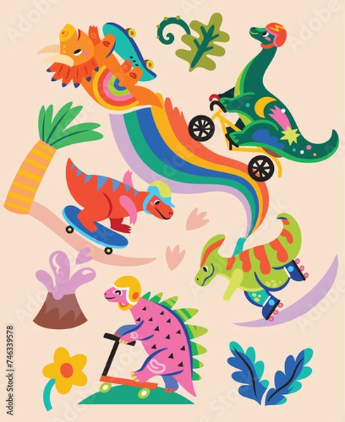 Fototapeta Vibrant skating dinosaurs in the park. Colourful cartoon dinosaurs ride on skates, rollers and bicycle in the park