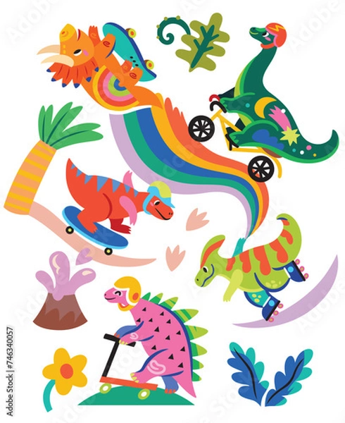 Fototapeta Vibrant skating dinosaurs in the park. Colourful cartoon dinosaurs ride on skates, rollers and bicycle in the park