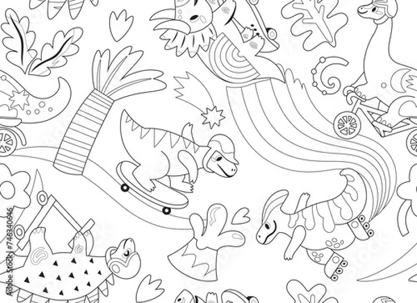 Fototapeta Black and white cartoon dinosaurs ride on skates, rollers and bicycle in the park, seamless pattern