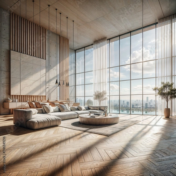 Fototapeta a modern living room with a large window, a digital rendering , pixabay contest winner, minimalism, vray tracing, rendered in unreal engine, minimalist
