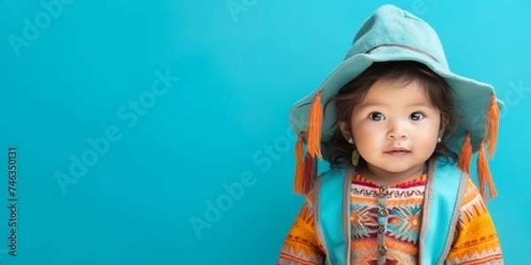 Obraz Peruvian adorable toddler girl in colorful Andean attire against a light turquoise pastel solid background, copy space