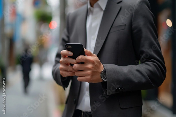 Fototapeta A businessman in a suit talks on his phone while walking on a busy city street. Generative Ai Illustration.