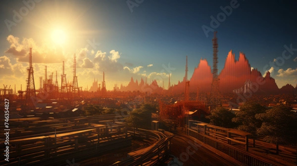 Fototapeta Illuminated cityscapes at night: Sunset skyline, urban architecture, morning lights, and travel city London tower, Moscow bridge, industrial landscape, generative AI