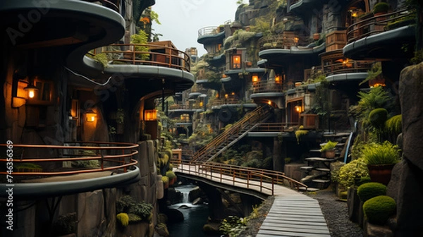 Obraz Exploring the Dynamic Cityscape: Urban architecture, steel factories, ancient temples and industrial views at night in an old tow, generative AI