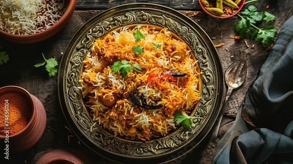 Obraz Top View Fish Biryani on a Wooden Plate on a White Background
