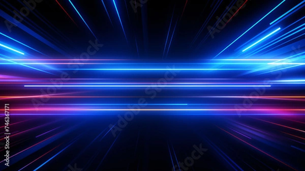 Fototapeta Lights and stripes moving fast on dark background, futuristic technology colorful background