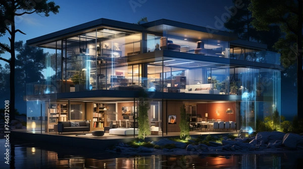 Fototapeta Modern city architecture: a reflection of urban living under the night sky, showcasing stunning office buildings, bridges and homes in a bustling town, generative AI