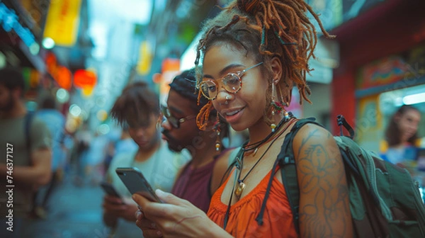 Obraz Multiethnic group of friends interacting with their smartphones. Lifestyle and digital generation,generative ai