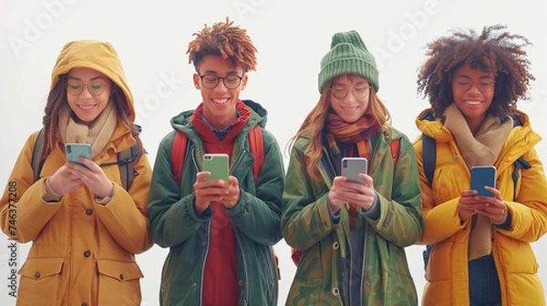 Obraz Multiethnic group of friends interacting with their smartphones. Lifestyle and digital generation,generative ai